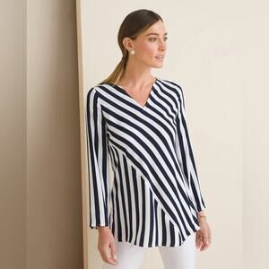 Chicos Black and White Striped Half Sleeve V-neck Swing Fit Tunic